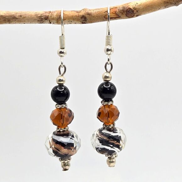 Handmade Swirled Art Glass Black and Amber Colored Glass Beaded Dangle Earrings - Picture 1 of 4